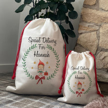 Load image into Gallery viewer, Personalised Elf Girl Wreath Santa Sack-The Persnickety Co