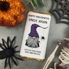 Load image into Gallery viewer, Purple Hat Gnome Happy Halloween - Personalised Chocolate Bar