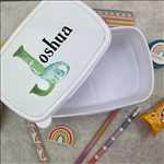 Load image into Gallery viewer, Personalised Initial Dinosaur Lunch Box - White