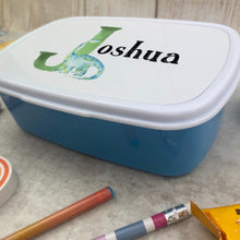 Load image into Gallery viewer, Personalised Initial Dinosaur Lunch Box - Blue
