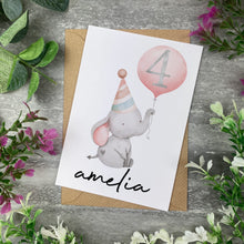 Load image into Gallery viewer, Elephant With Pink Balloon Personalised Birthday Card-The Persnickety Co
