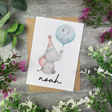 Load image into Gallery viewer, Elephant With Blue Balloon Personalised Birthday Card