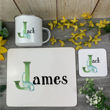 Load image into Gallery viewer, Personalised Dinosaur Initial Enamel Mug, Placemat and Coaster
