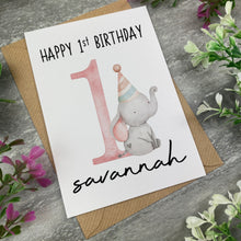 Load image into Gallery viewer, Elephant Happy 1st Birthday Personalised Card