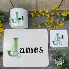 Load image into Gallery viewer, Personalised Dinosaur Initial Enamel Mug, Placemat and Coaster