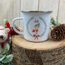 Load image into Gallery viewer, Personalised Elf Boy In A Wreath Enamel Mug-The Persnickety Co