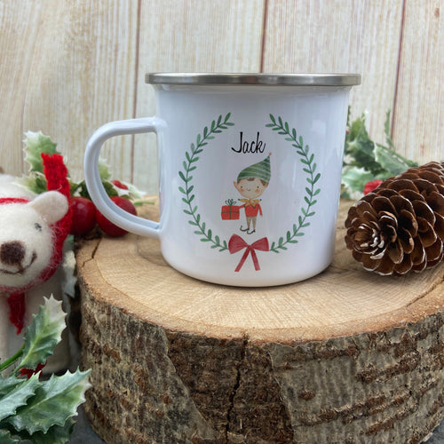 Personalised Elf Boy In A Wreath Enamel Mug-The Persnickety Co
