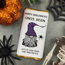 Load image into Gallery viewer, Purple Hat Gnome Happy Halloween - Personalised Chocolate Bar