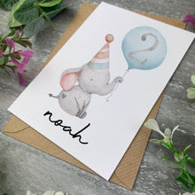 Load image into Gallery viewer, Elephant With Blue Balloon Personalised Birthday Card
