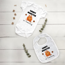Load image into Gallery viewer, Baby Halloween Outfit and Bib Set – Candy Monster in Training
