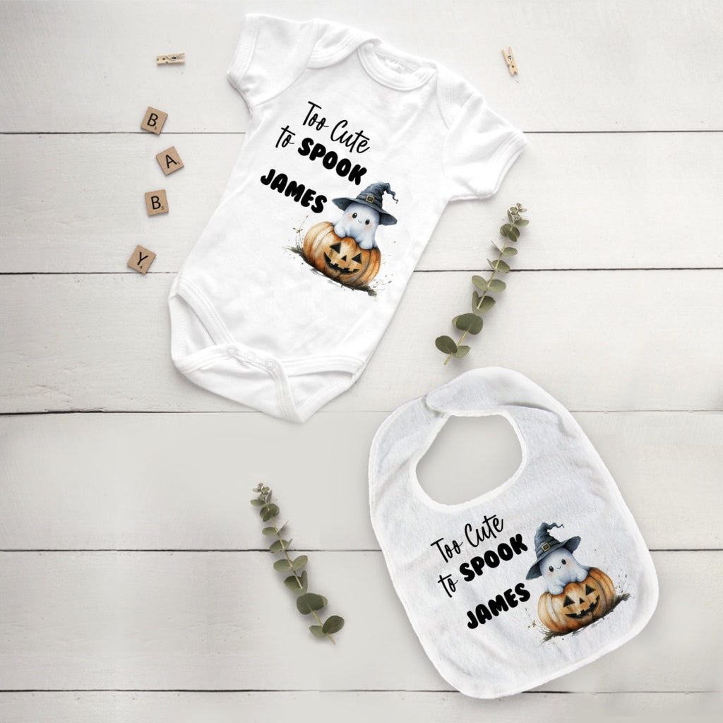Too Cute to Spook Personalised Baby Vest & Bib Set