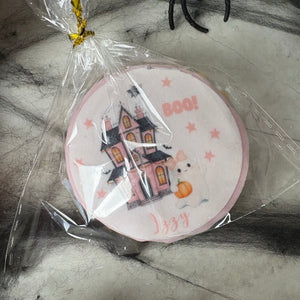 Personalised Halloween Pink Haunted House Biscuit