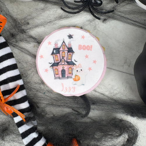 Personalised Halloween Pink Haunted House Biscuit-The Persnickety Co