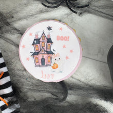 Load image into Gallery viewer, Personalised Halloween Pink Haunted House Biscuit
