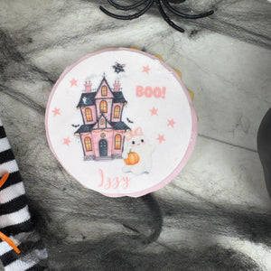Personalised Halloween Pink Haunted House Biscuit