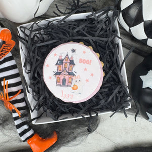 Personalised Halloween Pink Haunted House Biscuit