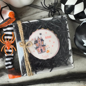 Personalised Halloween Pink Haunted House Biscuit