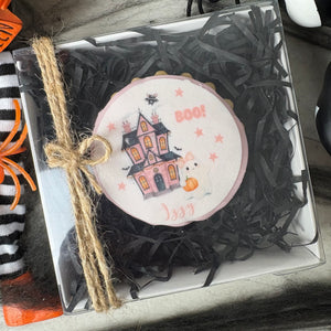 Personalised Halloween Pink Haunted House Biscuit