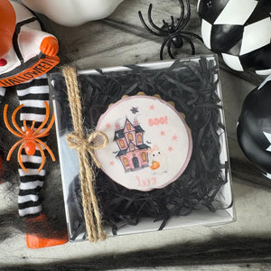Personalised Halloween Pink Haunted House Biscuit