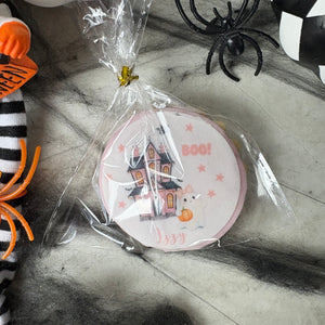 Personalised Halloween Pink Haunted House Biscuit