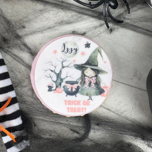 Personalised Cute Pink Witch Halloween Biscuit-The Persnickety Co