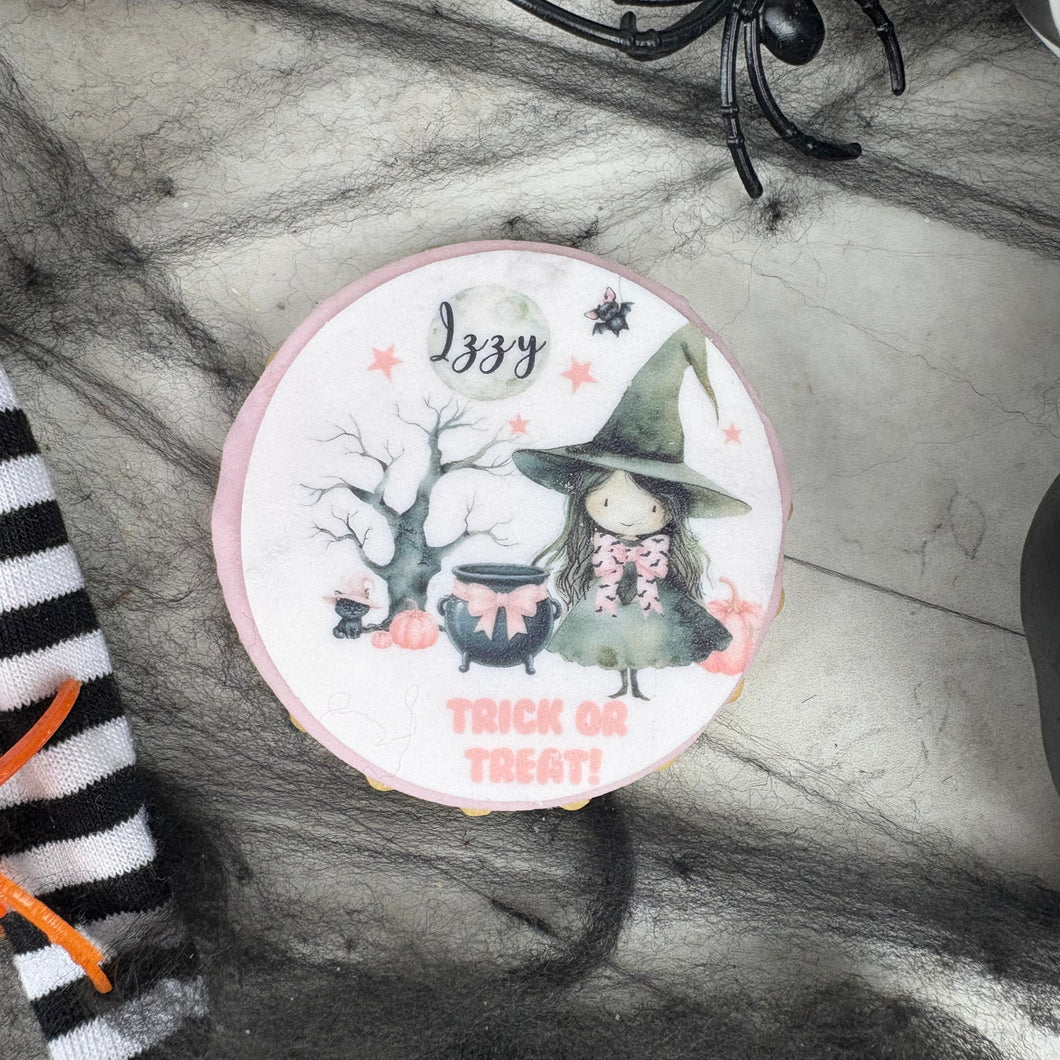 Personalised Cute Pink Witch Halloween Biscuit-The Persnickety Co