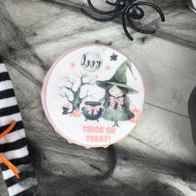 Load image into Gallery viewer, Personalised Cute Pink Witch Halloween Biscuit
