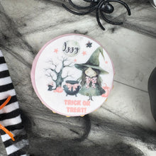 Load image into Gallery viewer, Personalised Cute Pink Witch Halloween Biscuit
