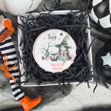 Load image into Gallery viewer, Personalised Cute Pink Witch Halloween Biscuit
