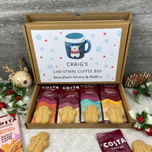 Load image into Gallery viewer, Personalised Christmas Coffee Letterbox Gift – Costa Coffee Sachets &amp; Gingerbread Men Biscuits
