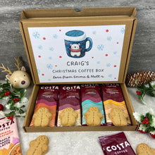 Load image into Gallery viewer, Personalised Christmas Coffee Letterbox Gift – Costa Coffee Sachets &amp; Gingerbread Men Biscuits
