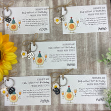 Load image into Gallery viewer, Egg-cellent Birthday Keyring - 18th, 21st, 30th, 40th, 50th
