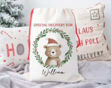 Load image into Gallery viewer, Personalised Santa Sack | Christmas Gift Bag with Festive Animal &amp; Green Wreath Design-The Persnickety Co
