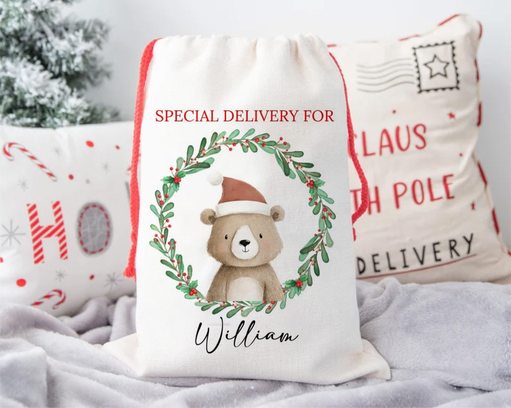 Personalised Santa Sack | Christmas Gift Bag with Festive Animal & Green Wreath Design-The Persnickety Co