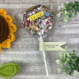 Personalised Happy First Day Of School Belgian Chocolate Lollipop