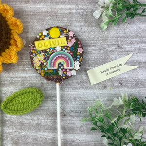 Personalised Happy First Day Of Nursery Belgian Chocolate Lollipop