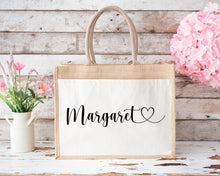 Load image into Gallery viewer, Personalised Heart Name Jute Bag-The Persnickety Co
