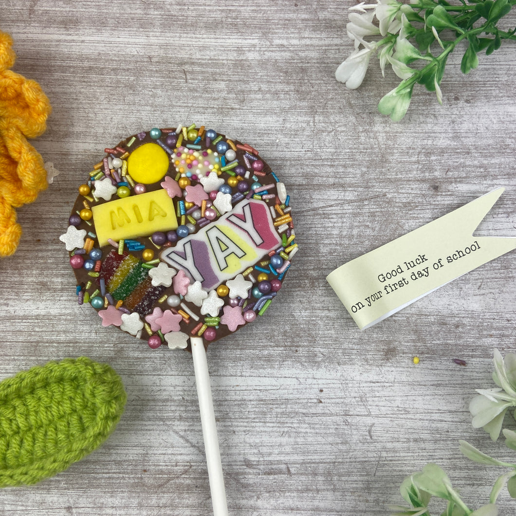 Personalised Good Luck On Your First Day In School Belgian Chocolate Lollipop-The Persnickety Co