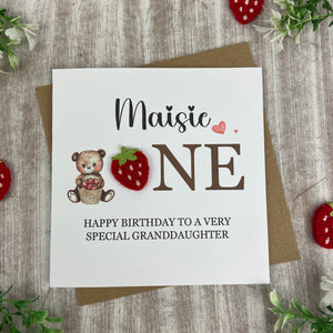 Personalised Strawberry Bear 1st Birthday Card