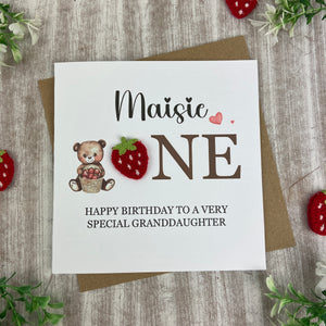 Personalised Strawberry Bear 1st Birthday Card