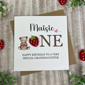 Personalised Strawberry Bear 1st Birthday Card