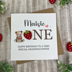 Personalised Strawberry Bear 1st Birthday Card