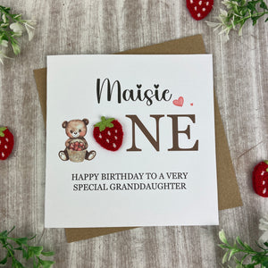 Personalised Strawberry Bear 1st Birthday Card