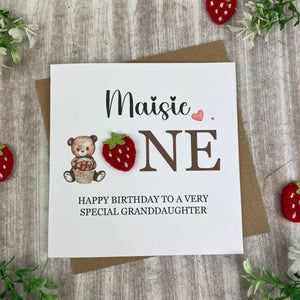 Personalised Strawberry Bear 1st Birthday Card
