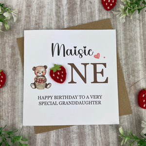 Personalised Strawberry Bear 1st Birthday Card