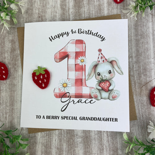 Personalised Strawberry Bunny 1st Birthday Card-The Persnickety Co