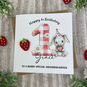 Personalised Strawberry Bunny 1st Birthday Card