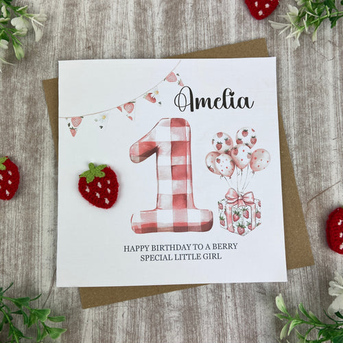 Personalised Strawberry Gingham 1st Birthday Card-The Persnickety Co