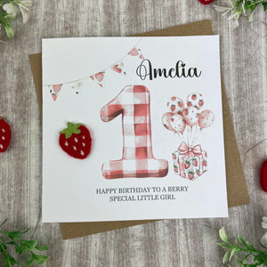 Personalised Strawberry Gingham 1st Birthday Card