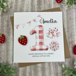 Personalised Strawberry Gingham 1st Birthday Card